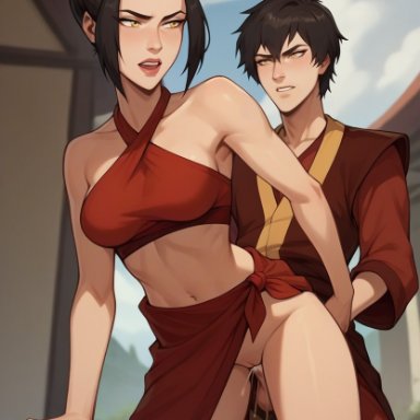 avatar legends, avatar the last airbender, azula, zuko, 1boy, 1girls, bare shoulders, bikini, black hair, blue sky, blush, breasts, brother and sister, clothed sex, cloud