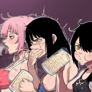 chainsaw man, fami (chainsaw man), nayuta (chainsaw man), yoru (chainsaw man), freshnsfw, 3girls, areolae, big breasts, black hair, bodily fluids, cum, cum drinking, cum drip, cum in mouth, drinking