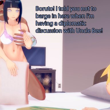 boruto: naruto next generations, naruto, hyuuga hinata, killer bee, uzumaki boruto, eggys, 1girls, 2boys, bedroom, big breasts, big butt, block, blonde hair, blue eyes, bra