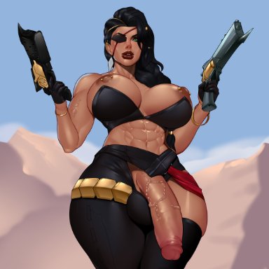 league of legends, samira (league of legends), crocodilchik, 1futa, abs, areolae, balls, balls in panties, big balls, big penis, breasts, clothed, clothing, dark skin, dark-skinned futanari