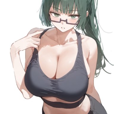 jujutsu kaisen, zenin maki, abdomen, accessories, accessory, after workout, armpits, big breasts, bikini, black clothing, blushing, boob window, choker, cleavage, dark green hair