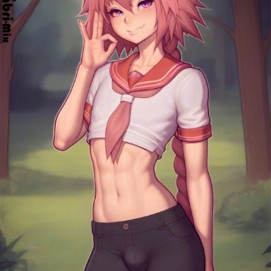 fate (series), patreon, astolfo (fate), darabri-mix, 1boy, abs, bulge, crop top, cute, fellatio gesture, femboy, feminine male, forest, forest background, gesture