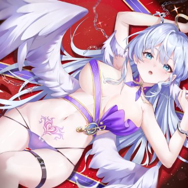 honkai (series), honkai: star rail, robin (honkai: star rail), blhazx, 1girls, arm up, armpit crease, armpits, bare legs, belt, blue eyes, blue hair, blush, breasts, collar