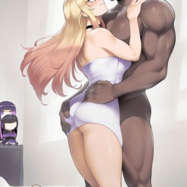 sono bisque doll wa koi wo suru, kitagawa marin, meepking, 1boy, 1girls, bare legs, bare thighs, big breasts, blonde hair, blush, dark skin, dark-skinned male, female, interracial, kissing