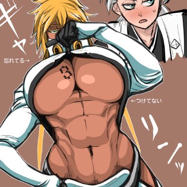 bleach, tia harribel, toshiro hitsugaya, soyuzu, 1boy, 1girls, abs, before sex, big breasts, blonde hair, breast tattoo, breasts, dark skin, dark-skinned female, embarrassed