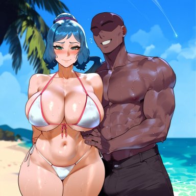 gundam, gundam build fighters, iori rinko, creamy ai, 1boy, bikini, blue hair, cleavage, curvy, dark-skinned male, embarrassed, female, green eyes, huge breasts, interracial