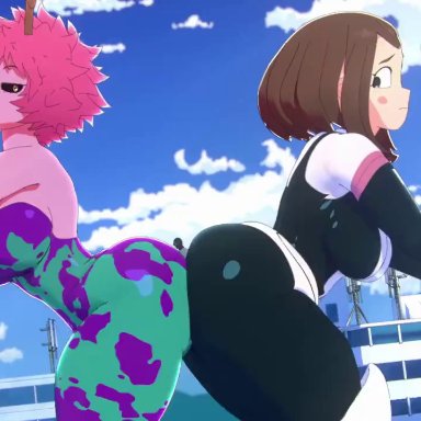 my hero academia, mina ashido, ochako uraraka, scrag boy, scraggy (artist), 1boy, 2girls, 2girls1boy, ass, ass press, ass to ass, big ass, big breasts, big butt, breasts