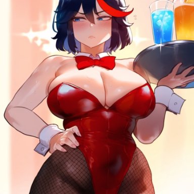 kill la kill, matoi ryuuko, erotic nansensu, 1girls, bare shoulders, black hair, blue eyes, blush, bowtie, bunny costume, bunny ears, bunny girl, cleavage, collar, cowboy shot