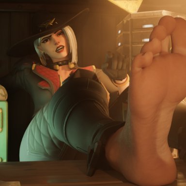 overwatch, ashe (overwatch), zmsfm, barefoot, beauty mark, choker, clothed, cowboy hat, cowgirl, earrings, feet, feet up, fingerless gloves, foot fetish, foot focus