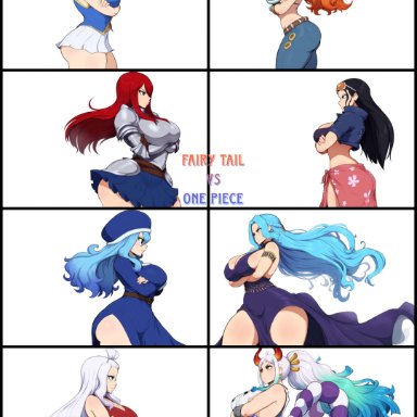 fairy tail, one piece, erza scarlet, juvia lockser, lucy heartfilia, mirajane strauss, nami, nami (one piece), nefertari vivi, nico robin, yamato (one piece), mullon, 8girls, blonde hair, blue hair