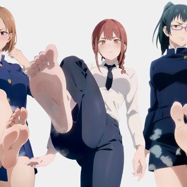 chainsaw man, jujutsu kaisen, kugisaki nobara, makima (chainsaw man), zenin maki, 3girls, blush, cute, cute face, dark green hair, dommy mommy, feet, female only, femdom, fit female