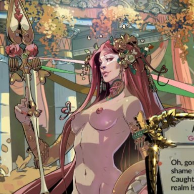 hades (game), hades 2, aphrodite, aphrodite (greek mythology), aphrodite (hades), hades (hades), breasts, casual, female, nipples, nudist, pale skin, pink eyes, pink hair, pussy