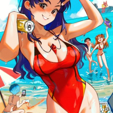 neon genesis evangelion, asuka langley sohryu, gendo ikari, misato katsuragi, rei ayanami, shinji ikari, snegovski, breasts, female, male, outdoors, outside, swimsuit