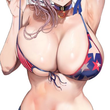 fate (series), fate/grand order, miyamoto musashi (fate), marushin (denwa0214), 1girls, american flag bikini, bikini, blue eyes, breasts, female, huge breasts, light skin, light-skinned female, long hair, naughty face