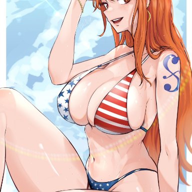 one piece, nami, vialnite, 1girls, american flag, american flag bikini, american flag swimsuit, bikini, bracelet, breasts, brown eyes, clouds, earrings, female, female only