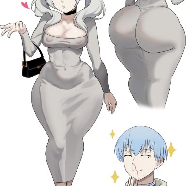 sousou no frieren, frieren, himmel (sousou no frieren), freshnsfw, 1boy, 1girls, ass, big ass, big breasts, big butt, blue hair, choker, cleavage, dress, earrings