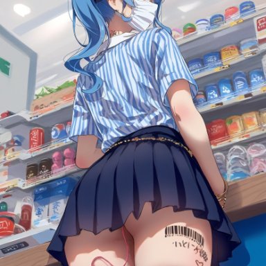 hololive, hoshimachi suisei, 1girls, ass, barcode, barcode tattoo, blue eyes, blue hair, body writing, cash register, cashier, clothing, employee, employee uniform, face mask