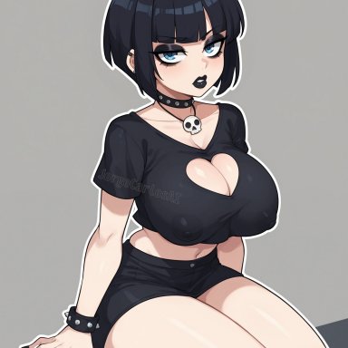 jorgecarlosai, amulet, bangs, bare legs, big breasts, big tiddy goth, big titty goth, black lipstick, blue eyes, breasts, choker, cleavage, cleavage cutout, collar, ear piercing