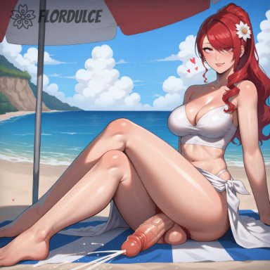 persona, persona 3, mitsuru kirijo, flordulce, 1futa, ball hair, balls, beach, bikini, cum, cumming, cumshot, ejaculation, erect penis, erection