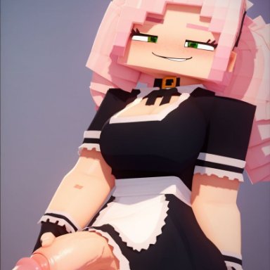 minecraft, altra x, 1futa, 1girls, futa only, futanari, grabbing penis, green eyes, maid, penis, pink hair, skirt lift, smirk, solo, testicles