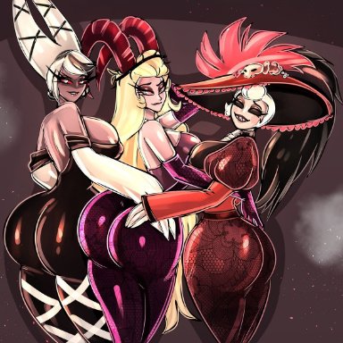 hazbin hotel, carmilla carmine, rosie (hazbin hotel), bitterbunz, 3girls, big ass, big breasts, clothed, demon, demons, hand on butt, looking at viewer, smiling