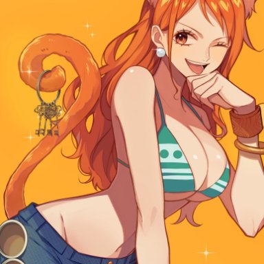 one piece, nami, kurage20001, 1girls, big breasts, bikini top, bracelet, brown eyes, busty, cat ears, cat tail, catgirl, cleavage, curvy, earrings