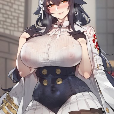 azur lane, azuma (azur lane), floox, 1girls, black hair, breasts, female, hips, huge breasts, light skin, light-skinned female, long hair, massive breasts, naughty face, nipples