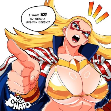 my hero academia, cathleen bate, sonchapo, 1girls, big breasts, bikini, bikini top, eye mask, female, female only, golden bikini, golden bikini top, hero outfit (mha), large breasts, looking at viewer