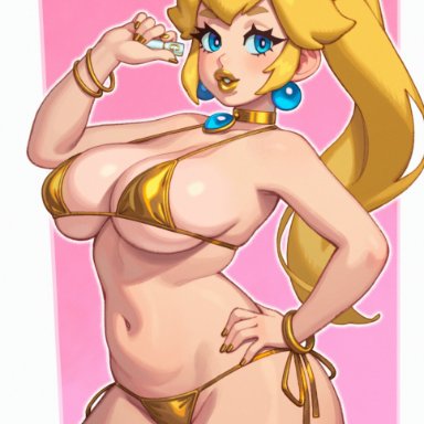 golden week, mario (series), nintendo, princess peach, rizdraws, 1girls, bikini, blonde hair, blue eyes, breasts, crown, earrings, female, gold bikini, gold lipstick