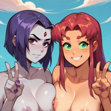 cartoon network, dc comics, teen titans, koriand'r, rachel roth, raven (dc), starfire, tamaranean, userisbad, 2girls, breast press, large breasts, nipples, smile, upper body