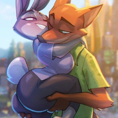 disney, zootopia, judy hopps, nick wilde, bigdad, 1boy, 1girls, anthro, biped, canid, canine, clothed, clothing, couple, duo