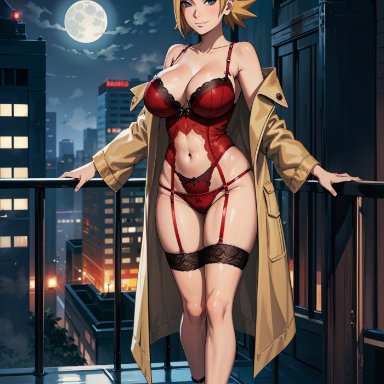 boruto: naruto next generations, naruto, naruto (series), temari, alex-schura, 1girls, adapted costume, arm support, balcony, bare chest, bare midriff, bare thighs, barely clothed, big breasts, black socks