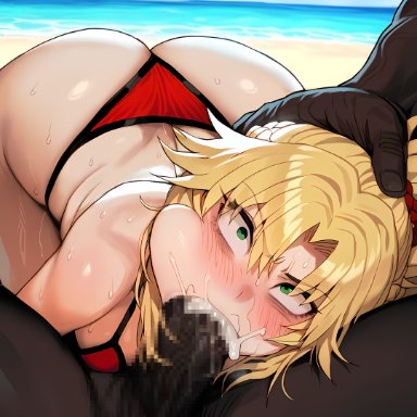 fate (series), fate/grand order, mordred (fate), 1-a dot, 1boy, 1girls, beach, big penis, bikini, blonde hair, dark-skinned male, female, human, interracial, male