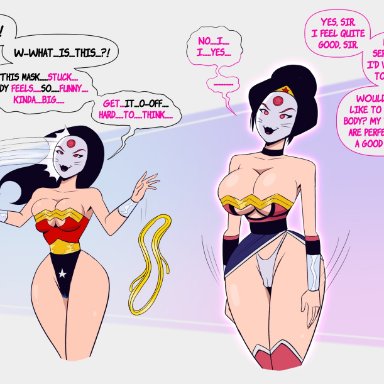 dc comics, wonder woman (series), wonder woman, polmanning, ass expansion, bimbo, bimbofication, brain drain, breast expansion, hourglass expansion, hourglass figure, hypnosis, mask, mind break, mind control