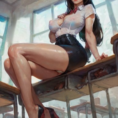 final fantasy, final fantasy vii, tifa lockhart, philon, 1girls, arm support, bare legs, black footwear, black hair, black skirt, bow, bra, breasts, classroom, cleavage