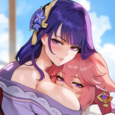 genshin impact, raiden shogun, yae miko, miyuai, 2females, 2girls, affectionate, bedroom, blush, blush lines, breast squish, breasts, breasts bigger than head, breasts out, clothed