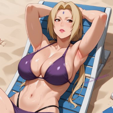 boruto: naruto next generations, naruto, naruto (classic), naruto (series), naruto shippuden, naruto: the last, tsunade, temptart, 1girls, armpits, arms behind head, arms up, beach, beach chair, big breasts