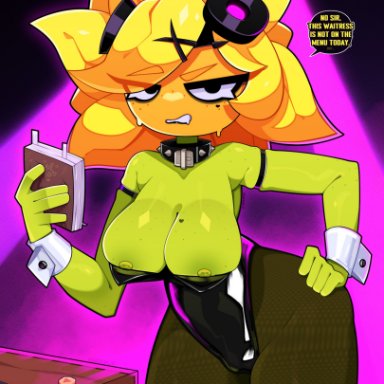 plants vs zombies, plants vs zombies: heroes, solar flare (pvz), sunflower (pvz), sheerly, beauty mark, big breasts, black eyelashes, black eyes, black eyeshadow, bunnysuit, disgusted, female, female only, goggles on head