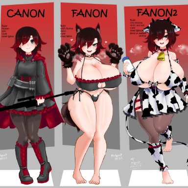 rwby, ruby rose, odakubara, 1girls, alternate body type, alternate breast size, alternate species, black hair, cow ears, cow girl, cow horns, cow print, cow tail, cowbell, cowgirl