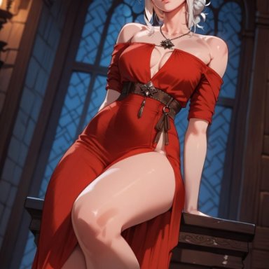 the witcher (series), the witcher 3: wild hunt, ciri, a1exwell, breasts, clothing, dress, female, green eyes, legs, light-skinned female, looking at viewer, red dress, scar, seductive