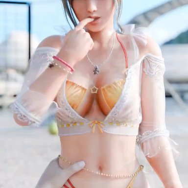 dead or alive, misaki (doa), macstarva, randomtide, superdarkpit, 1boy, 1girls, athletic, athletic female, bare shoulders, bikini, bikini aside, bracelet, busty, cleavage