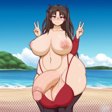 fate (series), fate/stay night, tohsaka rin, fibilis, 1futa, armwear, ball bra, balls, beach, black hair, blush, breasts, clothed, clothing, double peace sign