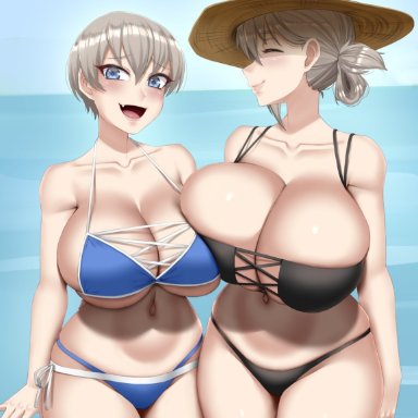 uzaki-chan wa asobitai!, uzaki hana, uzaki tsuki, twrlare, 2girls, beach, big breasts, bikini, black bikini, blue bikini, blue eyes, breasts, breasts bigger than head, gray hair, grey hair