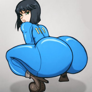 bethesda softworks, fallout, vault meat, biggy deez, 1girls, ass, ass bigger than head, ass focus, big ass, big butt, black hair, bodysuit, boots, bottom heavy, clothed