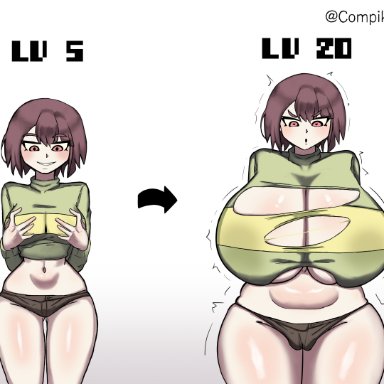 undertale, undertale (series), chara, compik, 1girls, big breasts, blush, brown hair, curvy, curvy body, curvy female, female, female focus, growth sequence, holding breast