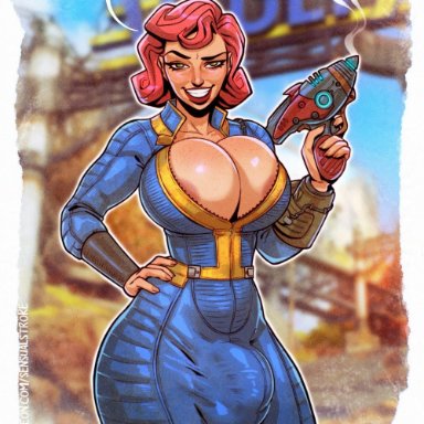 bethesda softworks, fallout, vault dweller, vault girl, sensualstroke, 1futa, areola slip, areolae, balls, big balls, big breasts, big penis, bodysuit, breasts, bulge