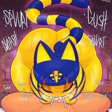 animal crossing, ankha, ankha (animal crossing), villager (animal crossing), cobatsart, big ass, big breasts, blush, cat ears, cat tail, cum, cum in mouth, cum inside, deepthroat, low res