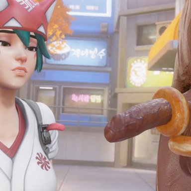 overwatch, kiriko (overwatch), bewyx, lerico213, pleasedbyviolet, 1boy, 1girls, asian, asian female, big penis, cum, cum on food, dark-skinned male, donut, food