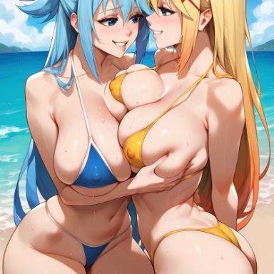 aqua (konosuba), darkness (konosuba), bombacopta, 2girls, beach, bikini, blonde hair, blue bikini, blue eyes, blue hair, female, female only, groping breasts, large breasts, multiple girls