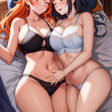 naruto, naruto (series), one piece, hyuuga hinata, nami, artist request, 2girls, belly, belly button, bikini, black bra, black panties, blanket, blunt bangs, blush